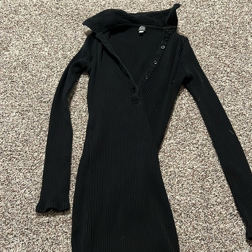 Collared midi black button down ribbed dress black